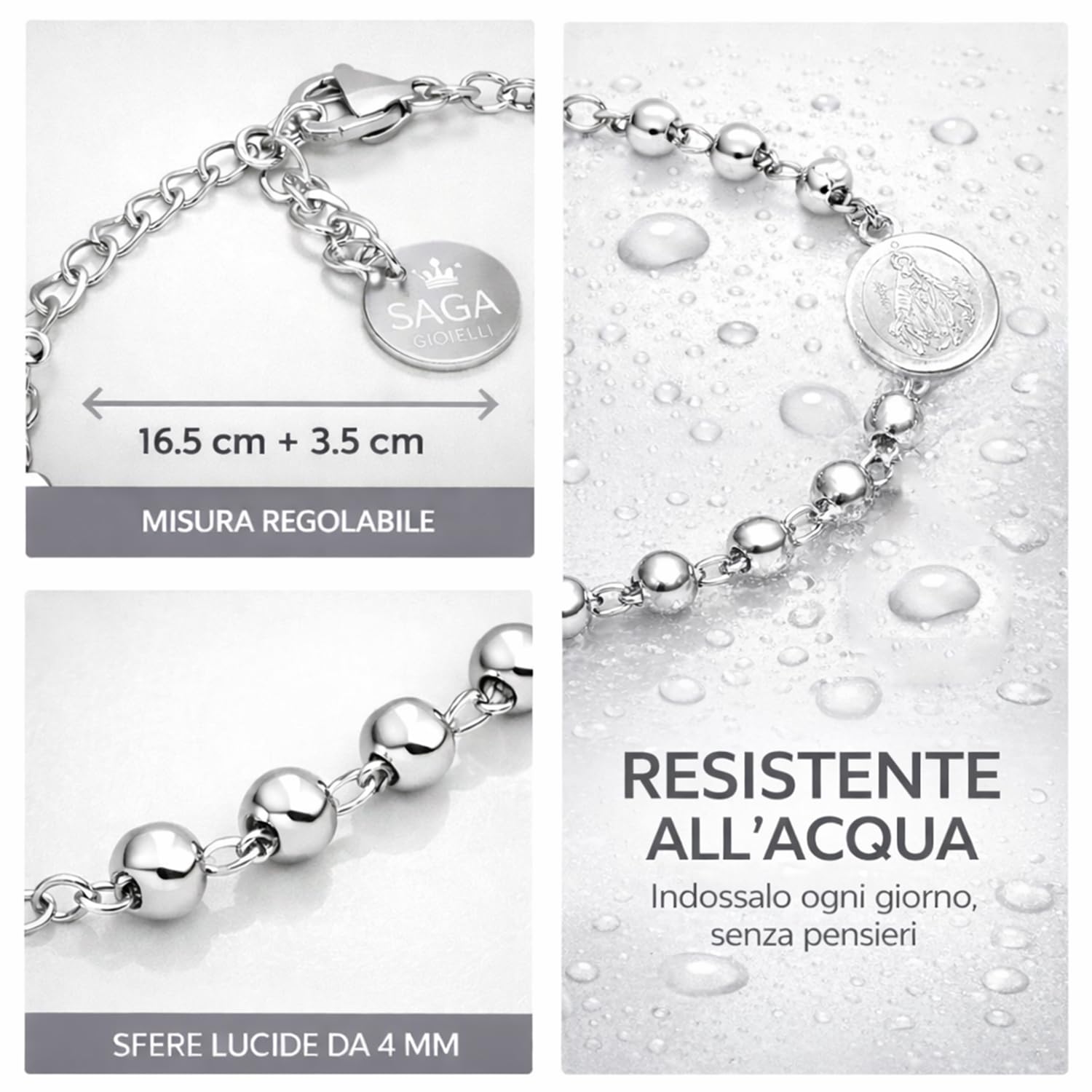 SAGA GIOIELLI Bracciale Rosario Uomo Donna in Acciaio Inossidabile – Braccialetto Religioso con Croce e Medaglia, Sfere 4 mm, Lunghezza Regolabile 16,5 + 3,5 cm – Idea Regalo Fede Elegante