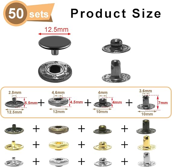 50Sets Snap Button Kit, 12mm Leather Snaps Fasteners, Metal Button Press Studs for Fabric Leather Bag Clothes Jackets Bracelets DIY for Sewing Accessories (Black)