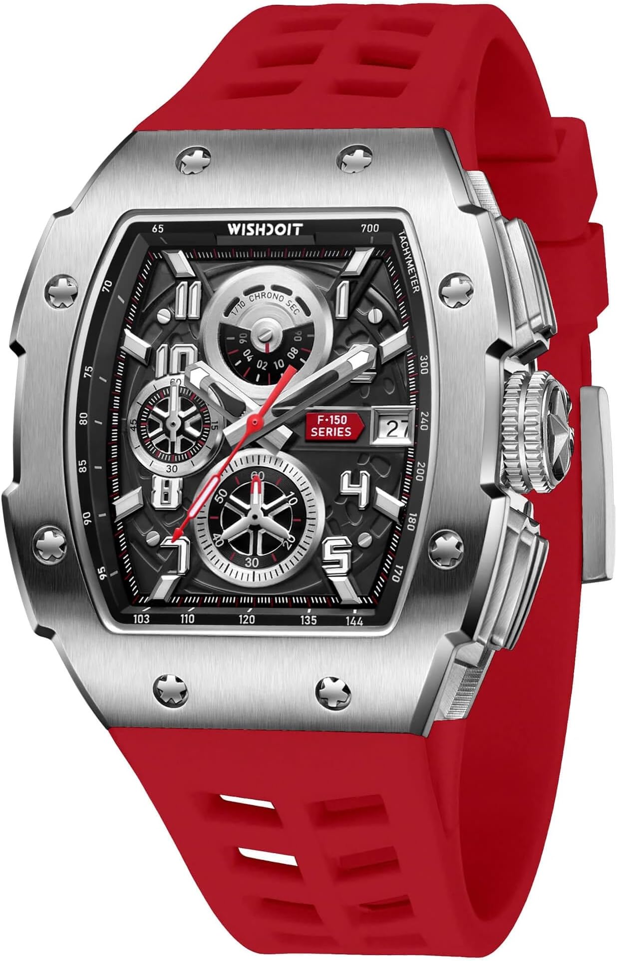Chronograph Watch Mens Luxury Tonneau Watch Calendar Date Luminous Waterproof FKM Rubber Strap Sport Dress Casual Wristwatch