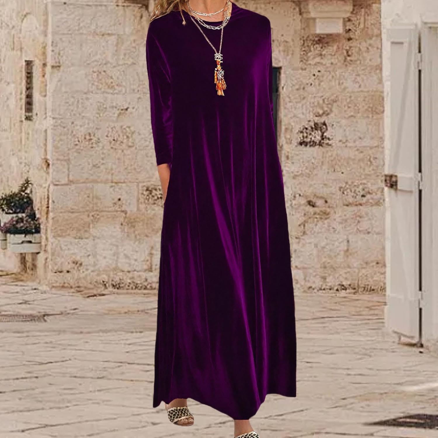 Velvet Dress for Women Spring Maxi Dress 2026 Plus Size Short Sleeve Velvet Casual Loose Elegant Crew Neck with Pocket - Image 2