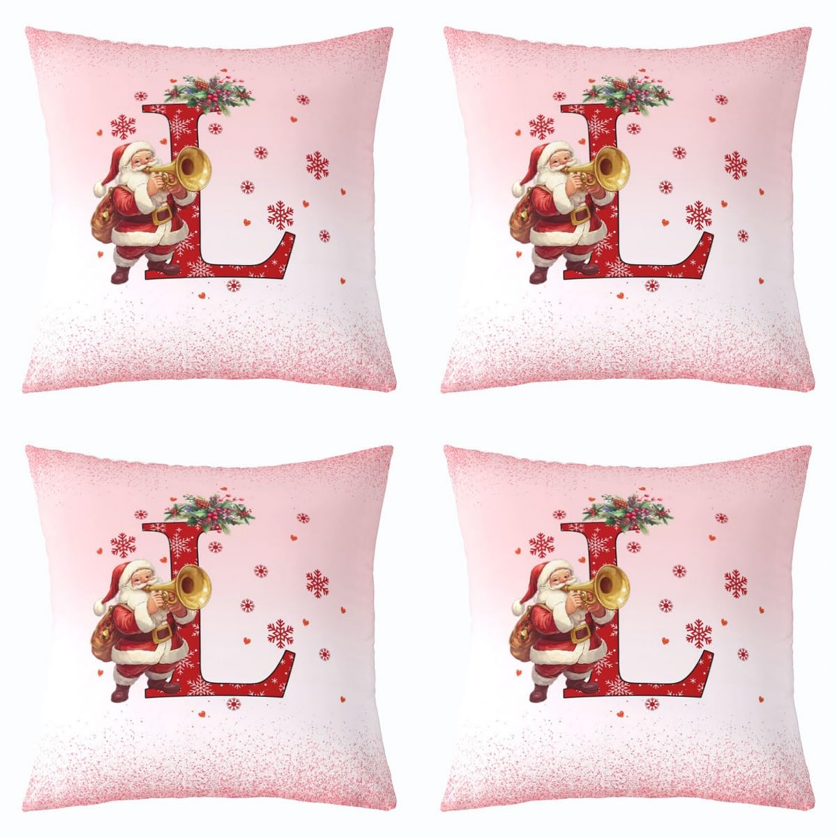 Homemissing Juego de 4 fundas de almohada con temática navideña rosa para niños, 50 x 50 cm, con iniciales del alfabeto, letra L, para niños y niñas, copos de nieve, bonita decoración de Papá Noel