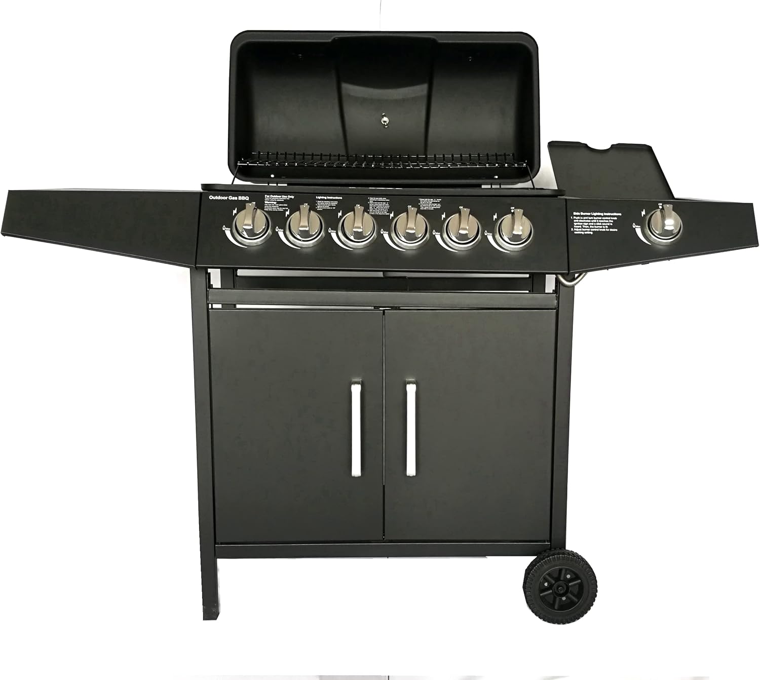 Barbecue 6+1 a gas, con vassoio raccogli olio, tavoli laterali, coperchio e ruote, per giardino, terrazza, campeggio Barbecue 6+1 a gas, con vassoio raccogli olio, tavoli laterali, coperchio e ruote, per giardino, terrazza, campeggio