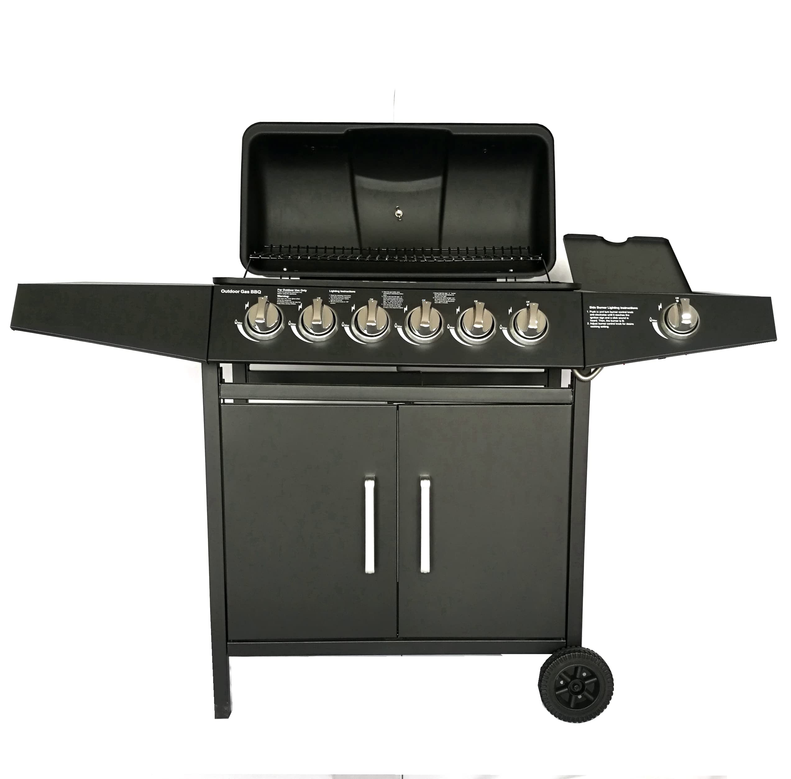 Barbecue 6+1 a gas, con vassoio raccogli olio, tavoli laterali, coperchio e ruote, per giardino, terrazza, campeggio
