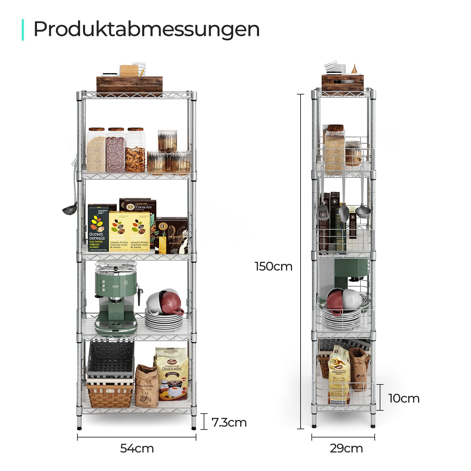 LINSY HOME Estantería de pie con 5 estantes, de Metal, con Ganchos extraíbles para sótano, salón, Oficina, soporta hasta 225 kg, 54 x 29 x 150 cm (Plata)