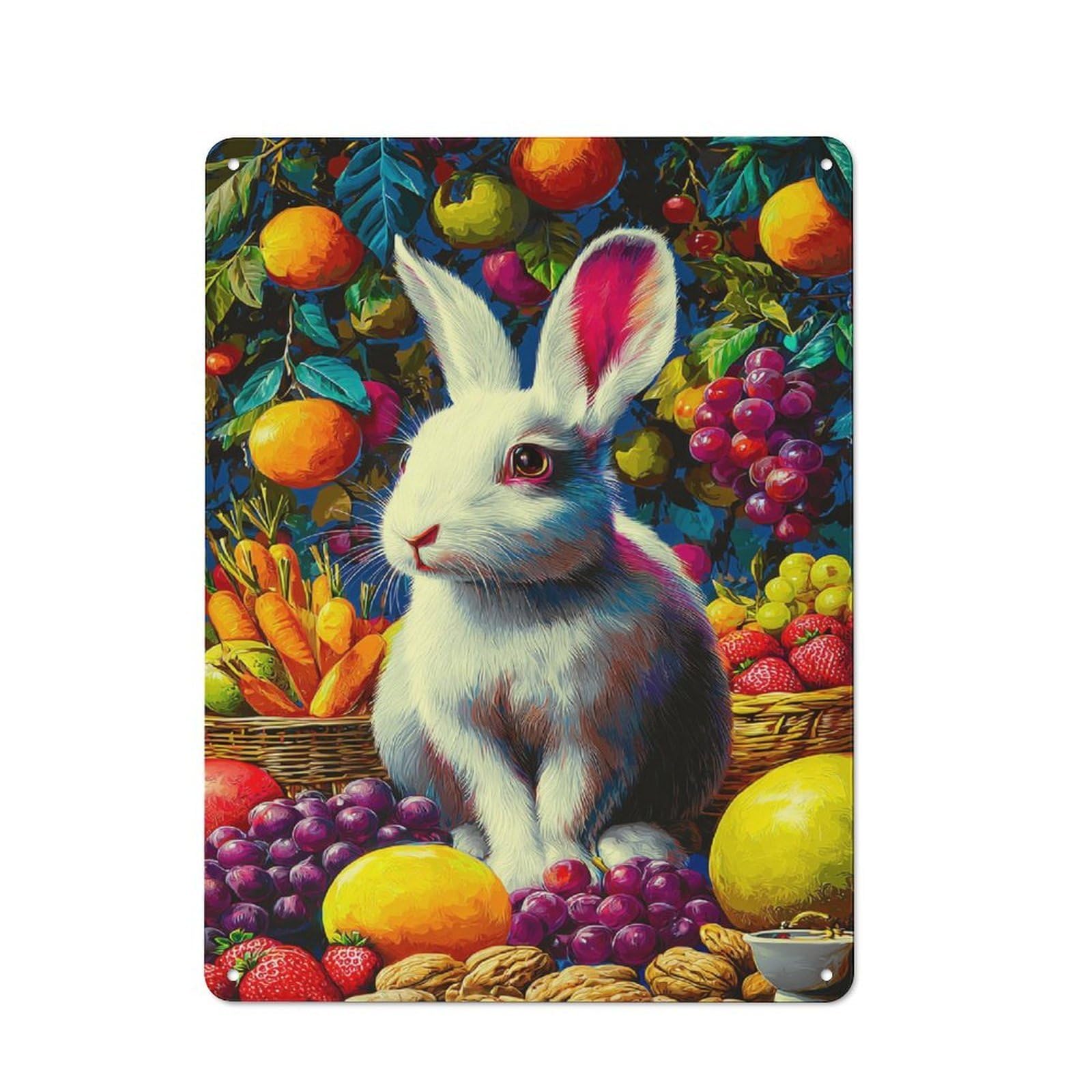 Decorative Tin Sign with Rabbit Amidst Vibrant Fruit Basket Design 40x30cm, Farmhouse Cottage Wall Art for Farmhouse Kitchen, Pantry Or Dining Area