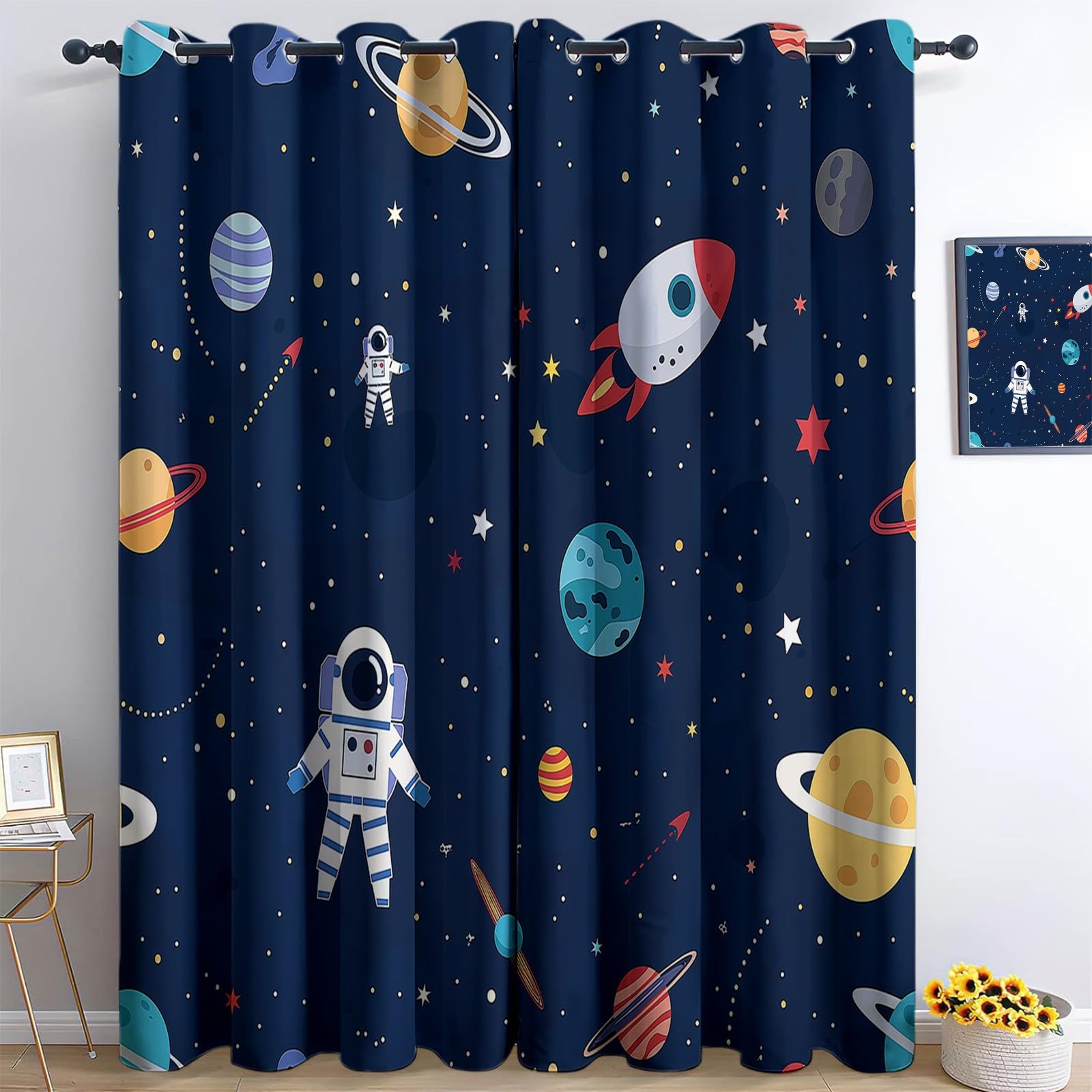 Blickdichte Vorhänge Drucken mit Ösen Wohnzimmer Gardinen Cartoon, Astronauten, Universum Muster Ösenvorhang Thermovorhang für Schlafzimmer 2er Pack Modern Schlafzimmer Gardine H 245 x B 100 cm Bunt