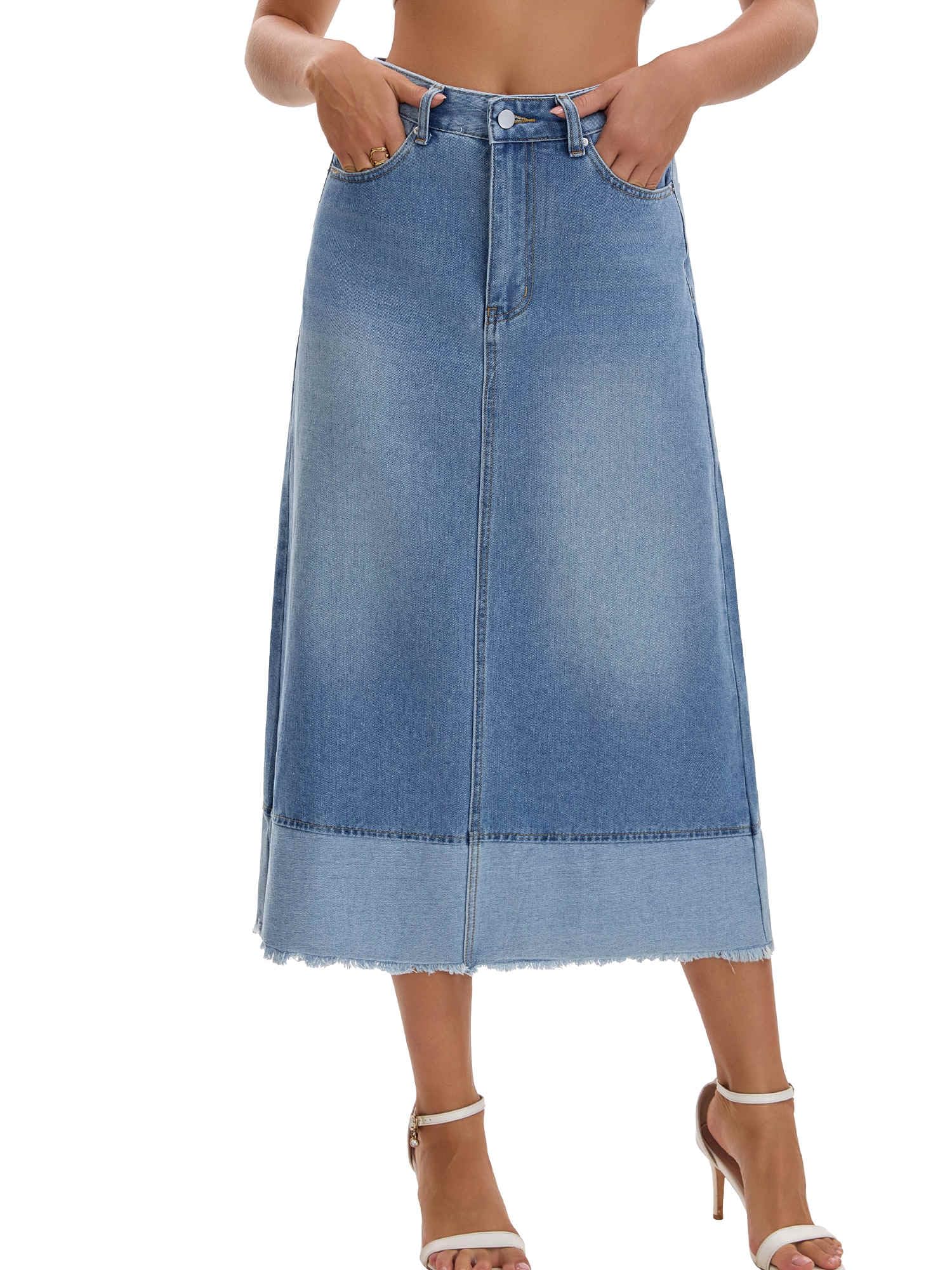 Womens Casual Denim Maxi Skirt High Waist A Line Wash Panel Hem Long Jean Skirts