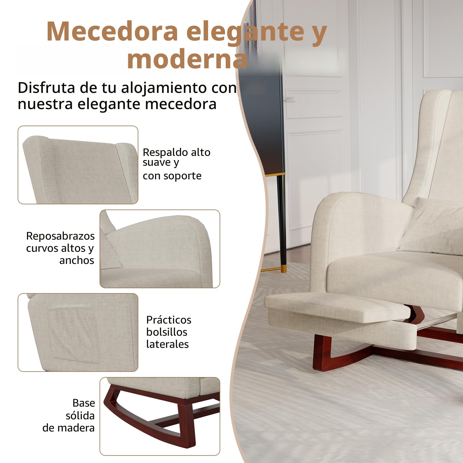 Mecedora para relajarse, sillón balancín, Silla de lactancia, silla basculante con lana de oveja y cojín lumbar y 2 bolsillos laterales,cómoda sillaa de lectura para salón o dormitorio (Beige)