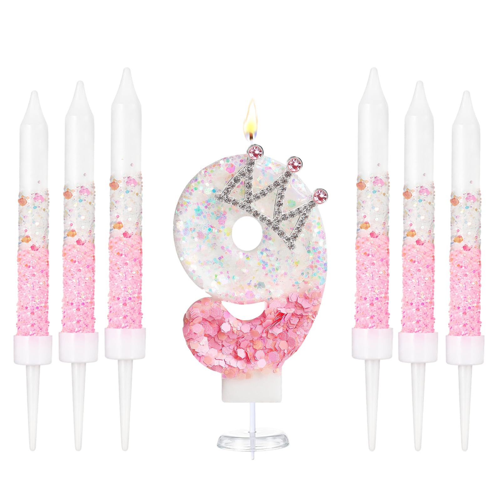 Crown Number Birthday Candles, Glitter Pink White Birthday Candle with 6 Pcs Long Candles, Stylish Princess Themed Cake Topper for Girls Birthday Party Supplies (9 Candle)