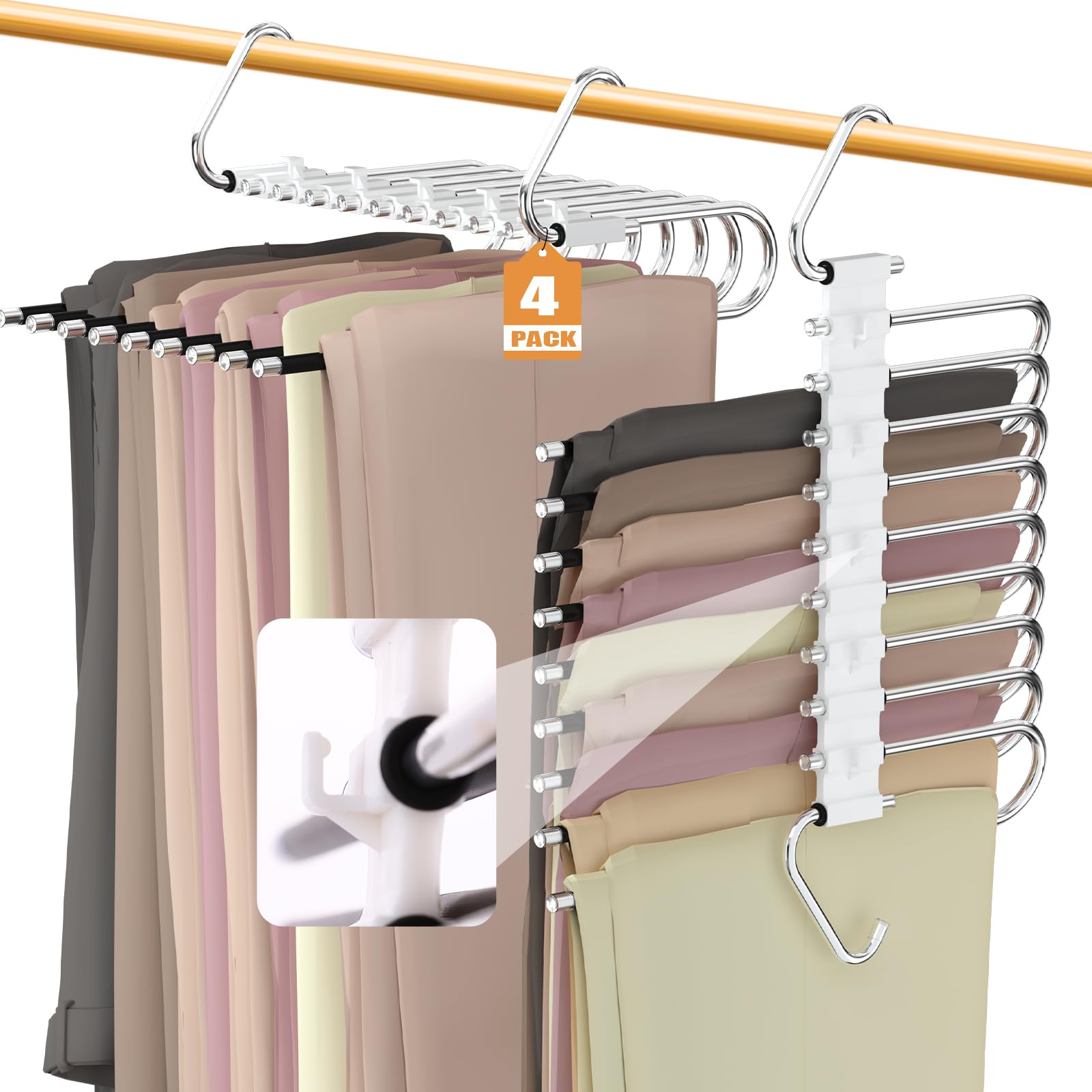 Upgrade 9 Layers Pants Hangers Space Saving, Set of 4 Closet Organizer for Jeans Trousers Skirts Scarf, Multi Purpose S-Type Hanger with Hooks(White)