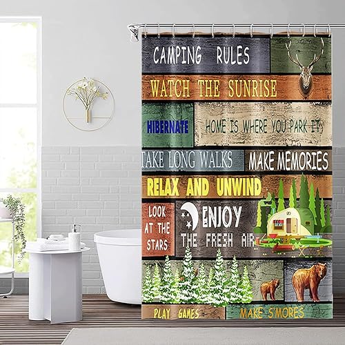 Miniatura 3 de Cortina de ducha de 60 x 72 pulgadas, con reglas de campamento, cabeza de alce, oso, caravana, remolque, campo, bosque, cortina de baño con tablones
