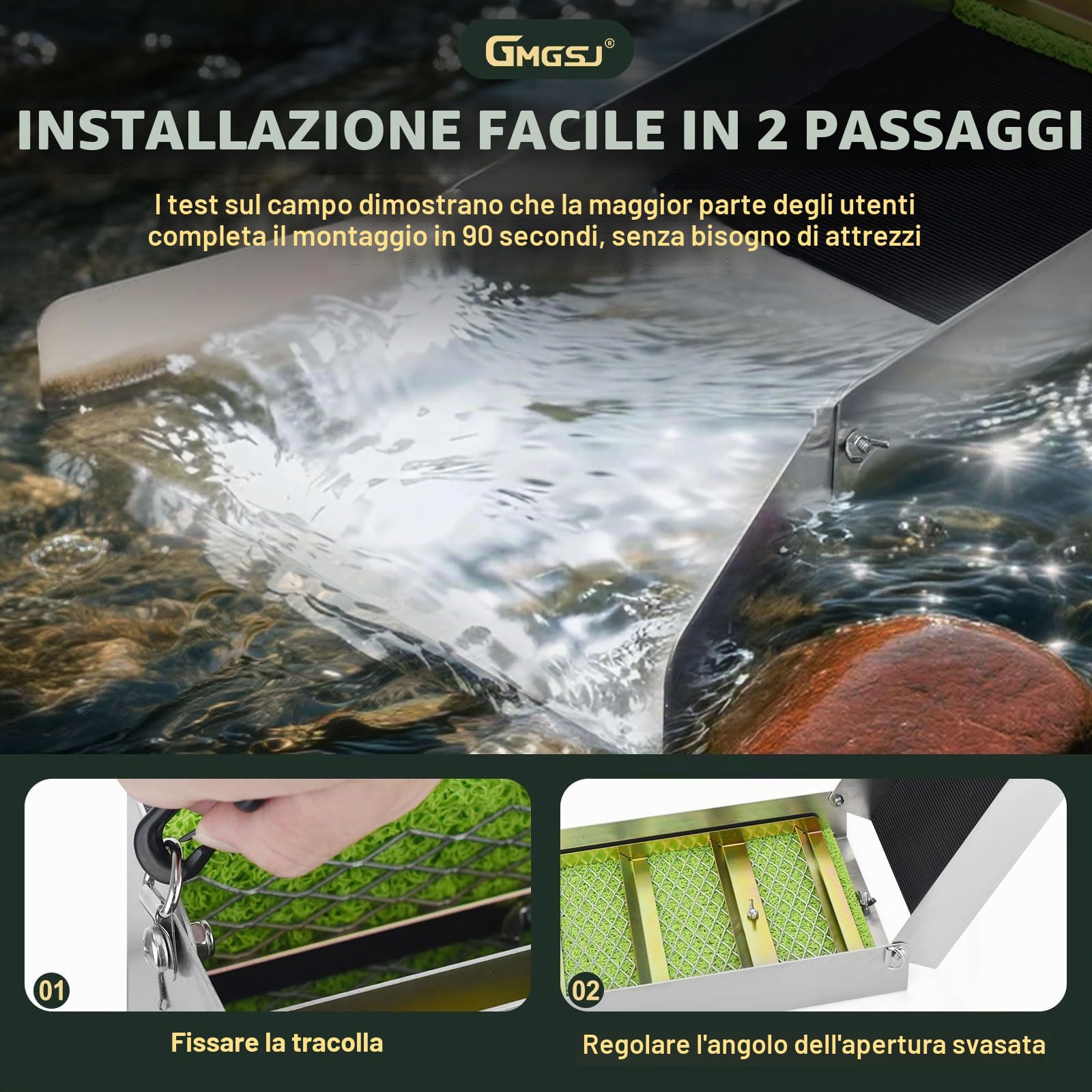 Sluice Box per l'estrazione dell'oro, Sluice Box pieghevole in lega di alluminio da 127 cm (50"), Sluice Box portatili per l'oro, Attrezzatura leggera per la prospezione dell'oro, Sluice Box con