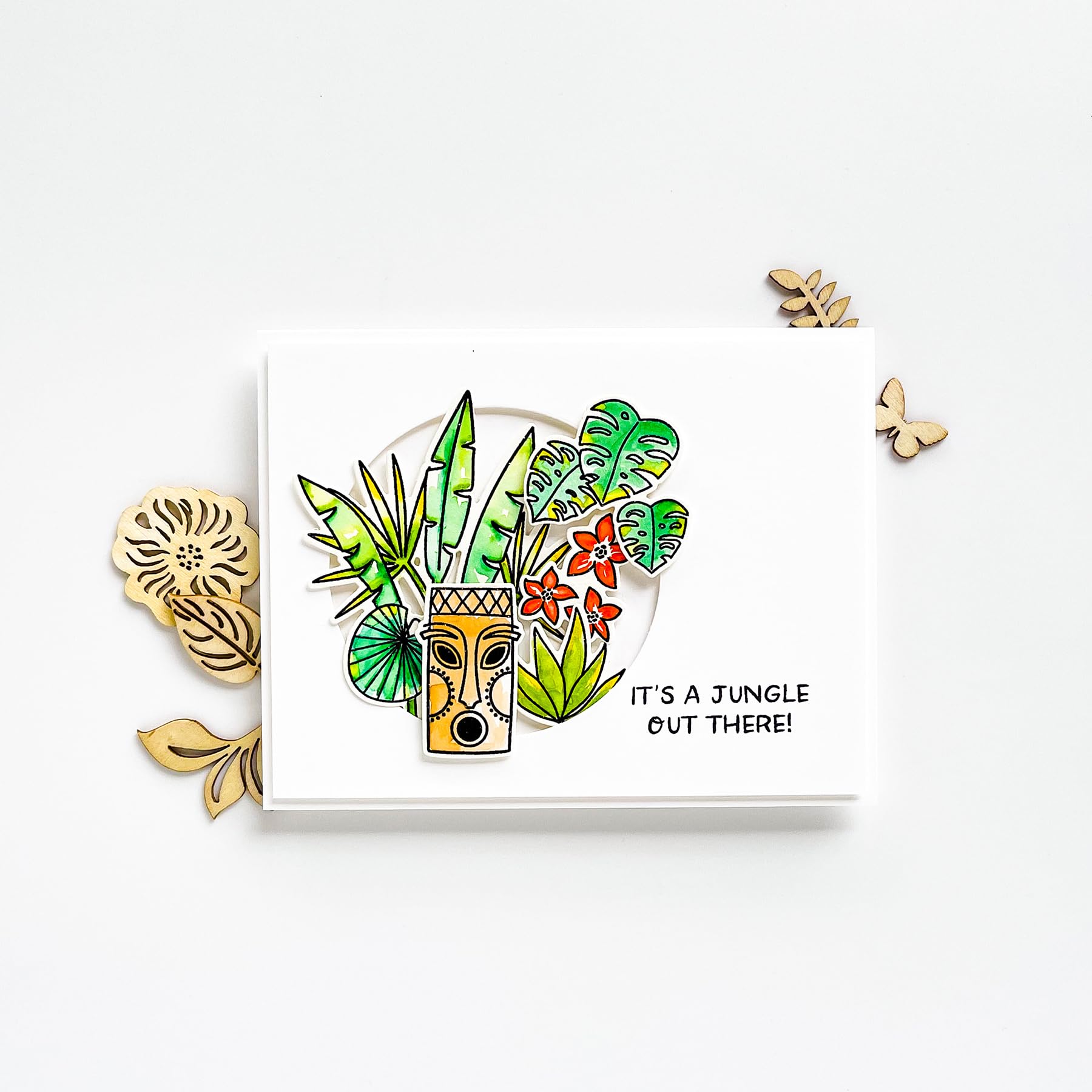 It's a Jungle Stamp and Die Set Combo, Essentials by Ellen, Stamping, Scrapbooking, Die Cutting, DIY, Cardmaking, Papercraft, Tropical, Tiki, Palm, Survivor, Torches, Tribu