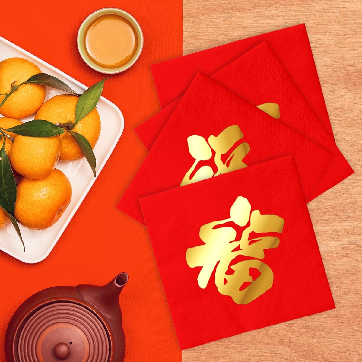 Chinese New Year Decorations-Chinese Fu Character Gold Foil Napkins Spring Festival Red Paper Napkins for Chinese Lunar New Year Party Supplies