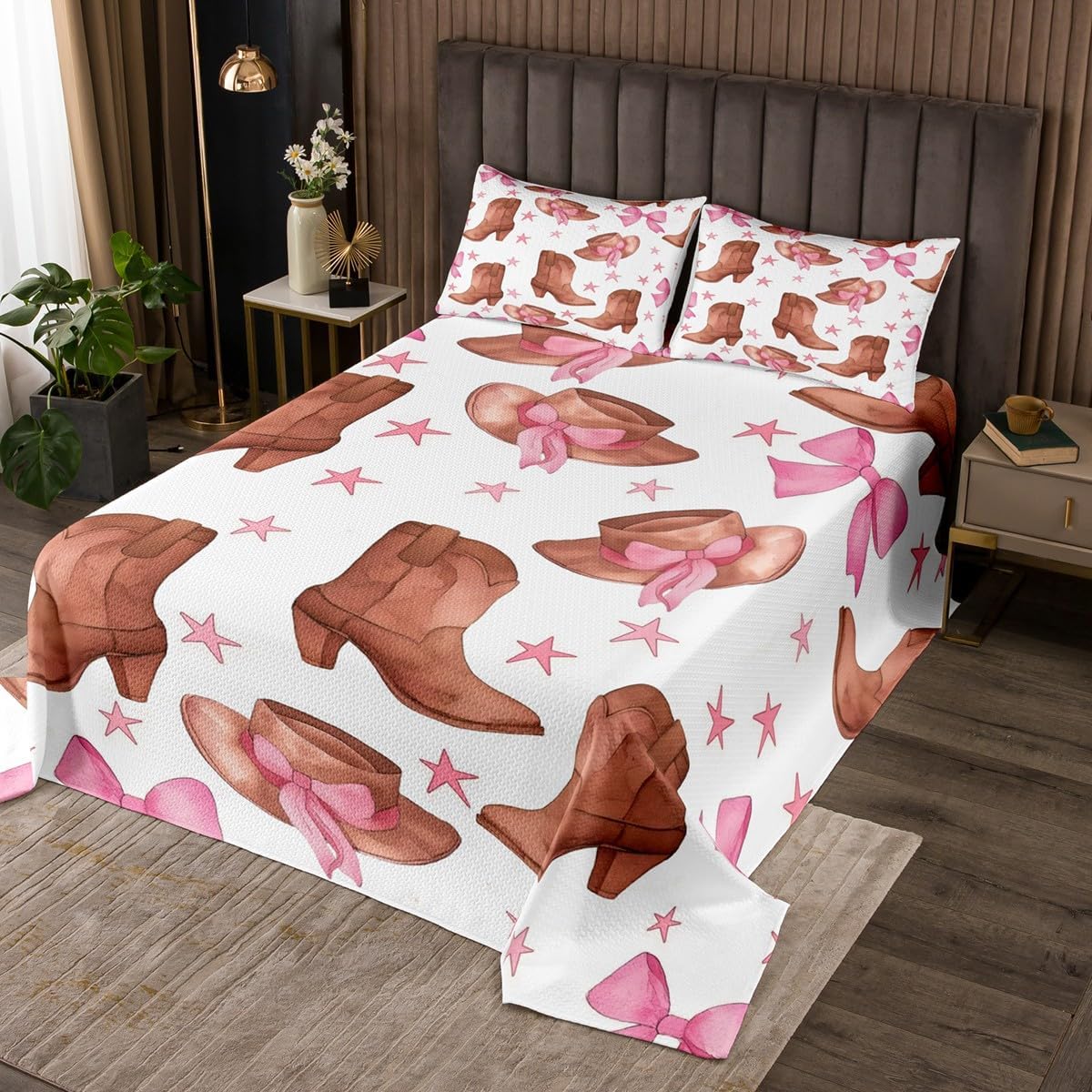 jejeloiu Cute Cowgirl Coverlet Set Queen Size Retro Cowgirl Boots Bedspread for Kids Boys Girls Hats Decor Quilted Coverlet Home Decor Quilted,1 Bedspread+ 2 Pillow Shams