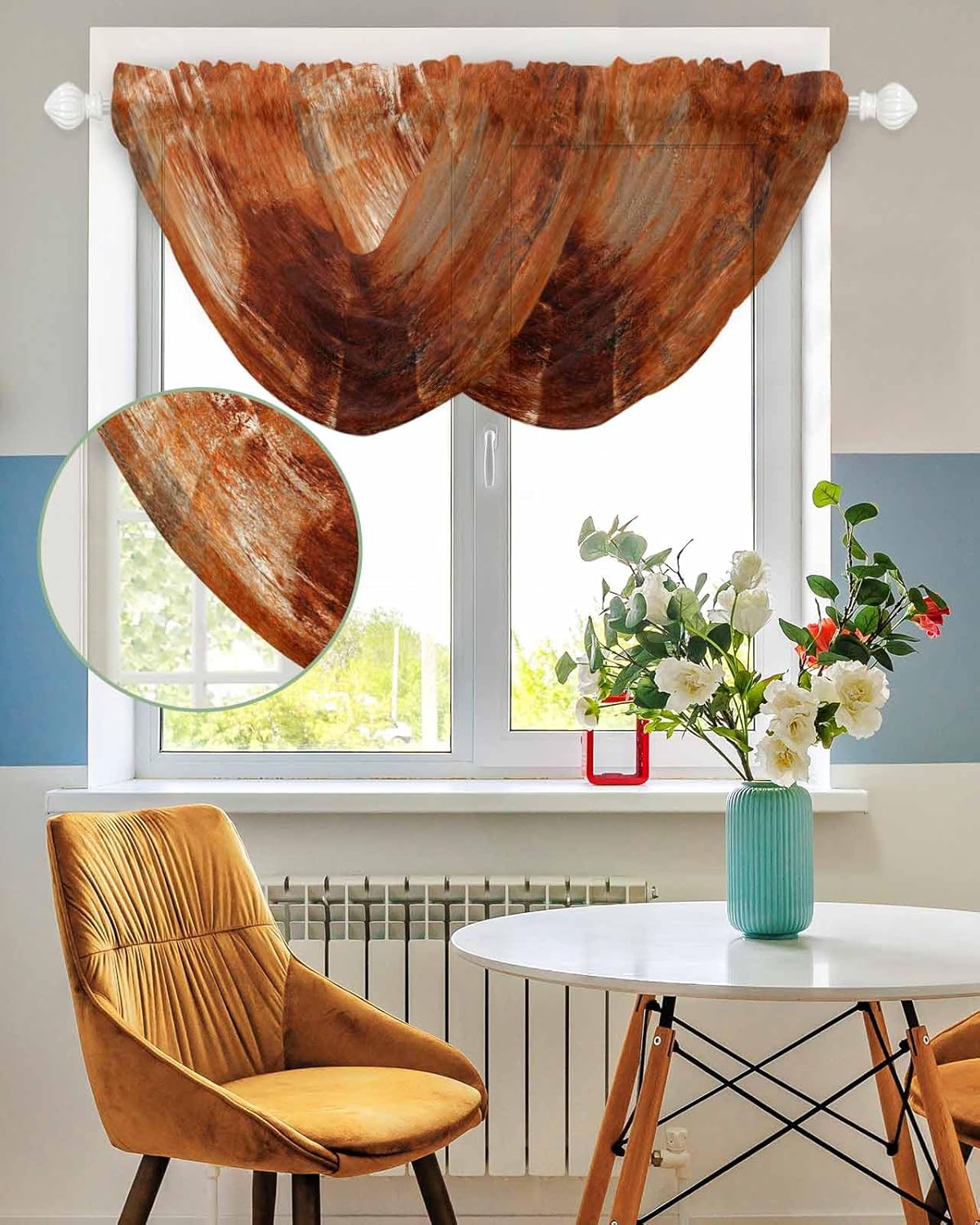 Burnt Orange Waterfall Valance Curtains for Window, Orange Grey Ombre Sheer Valances Rod Pocket, Oil Modern Painting Voile Topper Swag Curtain for Living Room, Kitchen 38.5"W x 47.2"L, 3 Panel