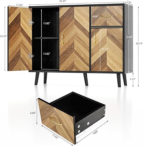 Miniatura 2 de Likein Armario corto con cajón y 3 puertas, gabinete de buffet moderno de mediados de siglo de 35 pulgadas de largo, armario de almacenamiento