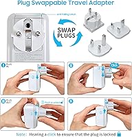 Vista 28 de VINTAR - Kit de adaptador de viaje universal, adaptador de enchufe internacional con 3 puertos USB (2 USB C, 3.4 A) y 2 salidas americanas, tipo A