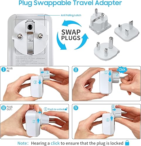 Miniatura 5 de Kit de adaptador de corriente para Sudáfrica, adaptador de enchufe internacional VINTAR con 3 puertos USB (2 USB C, 3.4 A), 2 salidas americanas,