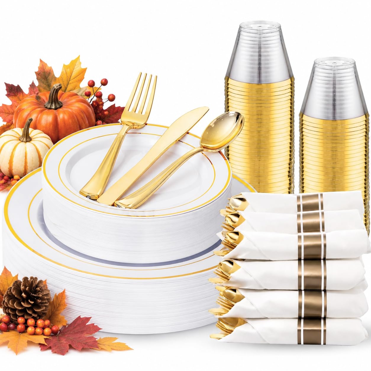 Gold Dinnerware Set for 50 Guests - Disposable Plates & Cutlery -23