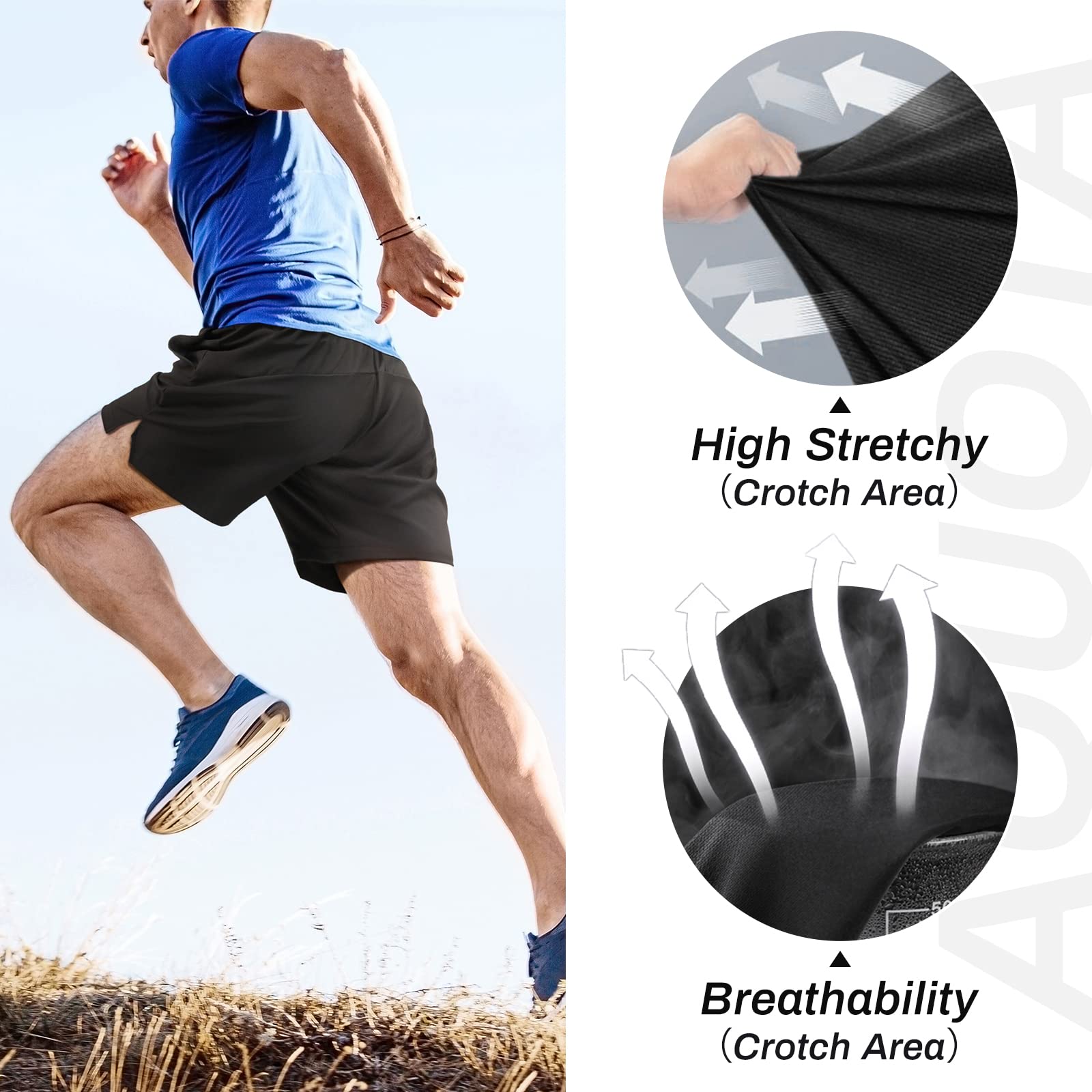 aquota 2 Pezzi Pantaloncini da Running da Uomo, 2 in 1 Pantaloncini da Corsa Uomo 9" 5" Pantaloncini Palestra Neri Leggeri ad Asciugatura Rapida Basket Tuta con Tasche Zip Passanti per Asciugamano