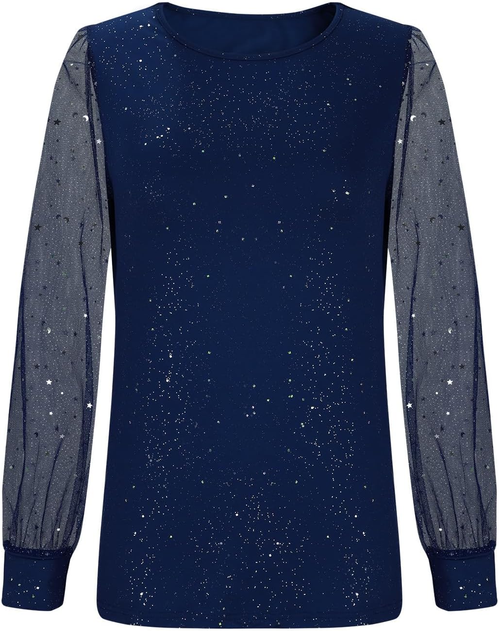 Women Dressy Shirt Sheer Mesh Patchwork Long Sleeve Glitter Tunic Tops Crewneck Casual Bling Blouse for Party Travel - Image 3