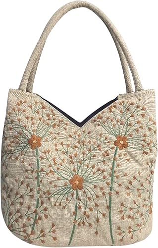 HCRAFT Embroidered Handbags for Women, Large Beads Flower Shoulder Tote Bag with Zipper Fabric Hobo Bags, Mother's Day Bag