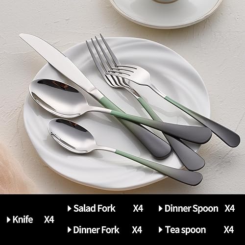 Miniatura 3 de Juego de 20 piezas de cubiertos de color para 4, juego de cubiertos de acero inoxidable con mango verde y gris, incluye juego de tenedores, cucharas