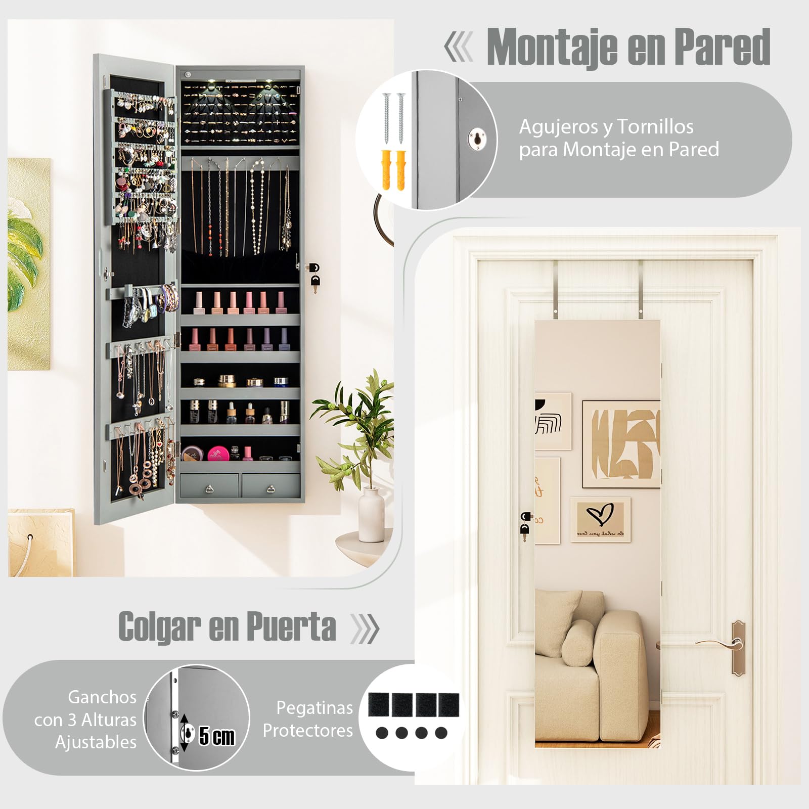 COSTWAY LED Armario con Espejo Joya Organizador de Puerta o Pared con Llave Gris