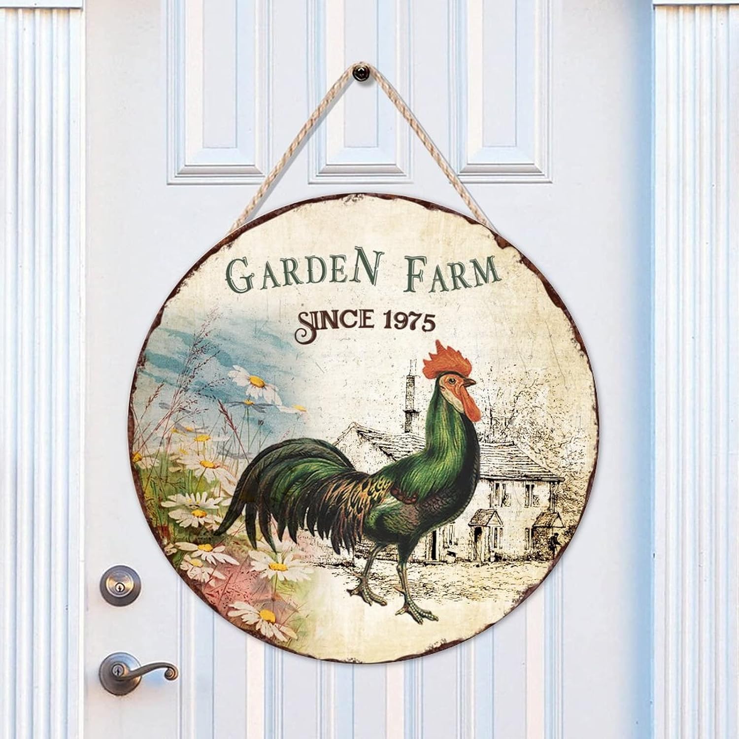 Garden Farm Since 1975 Wood Door Sign, Rustic Round Door Hanger Sign, 16x16in Chicken Wall Hanging Sign Plaque for Front Door Entryway Porch Bar Pub Housewarming Gifts