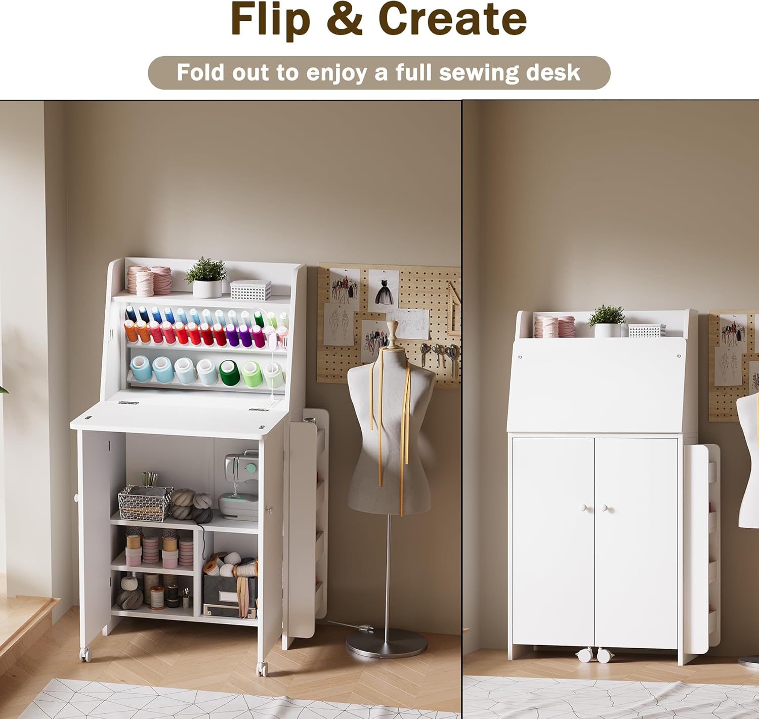 Kikihouse Folding Sewing Machine Cabinet with LED Lighting & Built‑in Charging Station, Sewing Table with Thread Organizer & Storage Shelves, Foldable Craft Desk for Small Spaces, Home & Craft Room