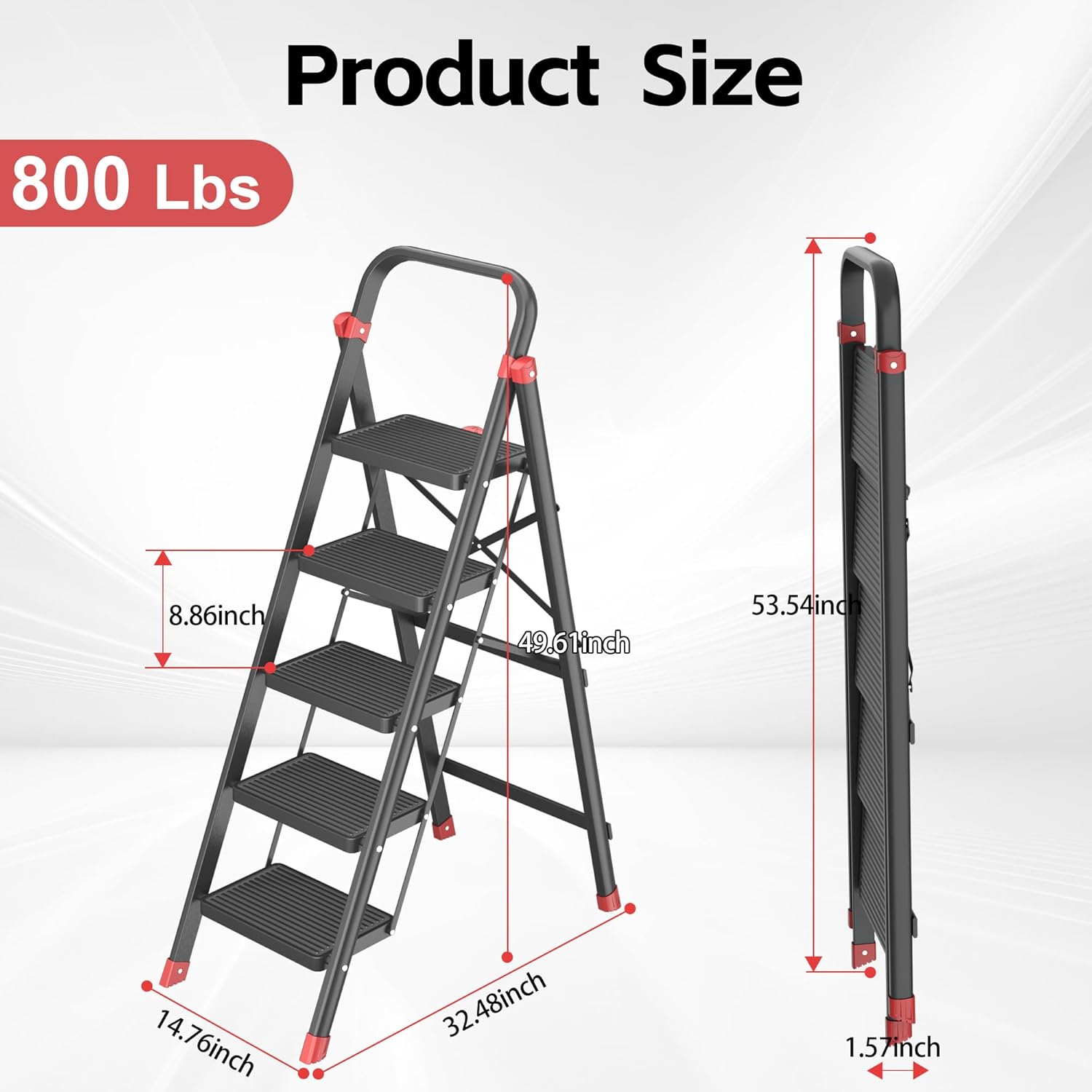 5-Step Foldable Ladder Stool with Handle, Anti-Slip Wide Pedals & Feet, Heavy Duty Steel Stepstool for Home & Kitchen, 800 lbs Capacity, Black Red