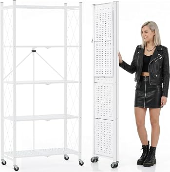 DEANIC 70.7" Tall Extra Large 5-Tier Folding Storage Shelf with Wheels, No Assembly Collapsible Metal Rack with Leveling Feet for Garage, Pantry, Basement, Vendor Display, KitchenWhite,1 Pack
