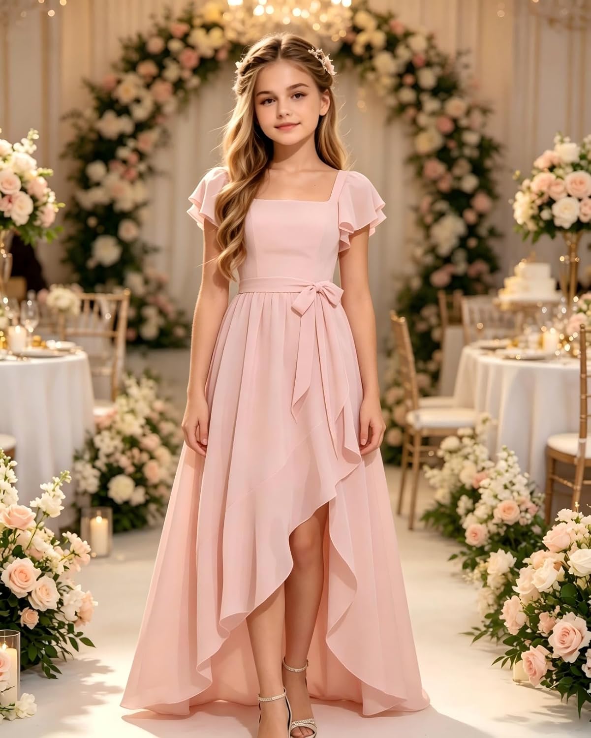 Junior Bridesmaid Dresses Teens Short Sleeve Chiffon Flower Girl Dress for Wedding Guest Formal Dress 2-14