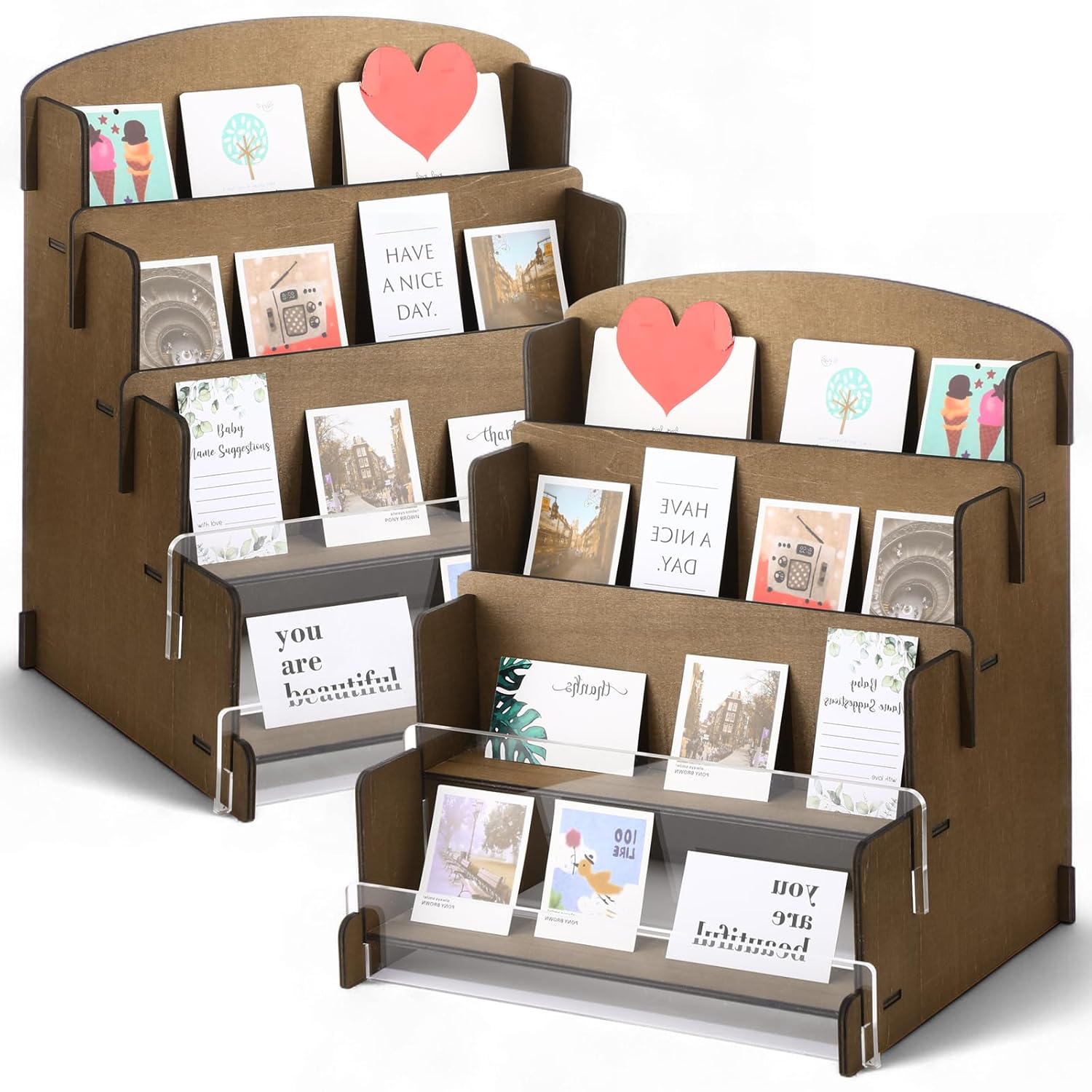 2 Sets Greeting Card Display Stand Holder 4 Tiered Wooden Organizer Rack for Retail Stores Card Collector Rack Postcards Stationery Vendors Photos