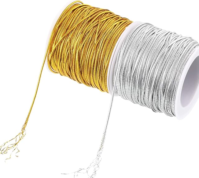 Metallic Cords,2 Roll Stretch Cord Ribbon Tinsel Cord Rope Wrapping String for Craft Bracelet Jewelry Making Wrapping 1mm 218 Yards