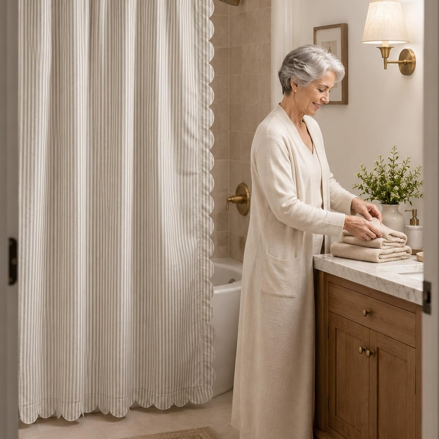 AnyDesign Beige Striped Shower Curtain, with Scalloped Edge, 72 Inch