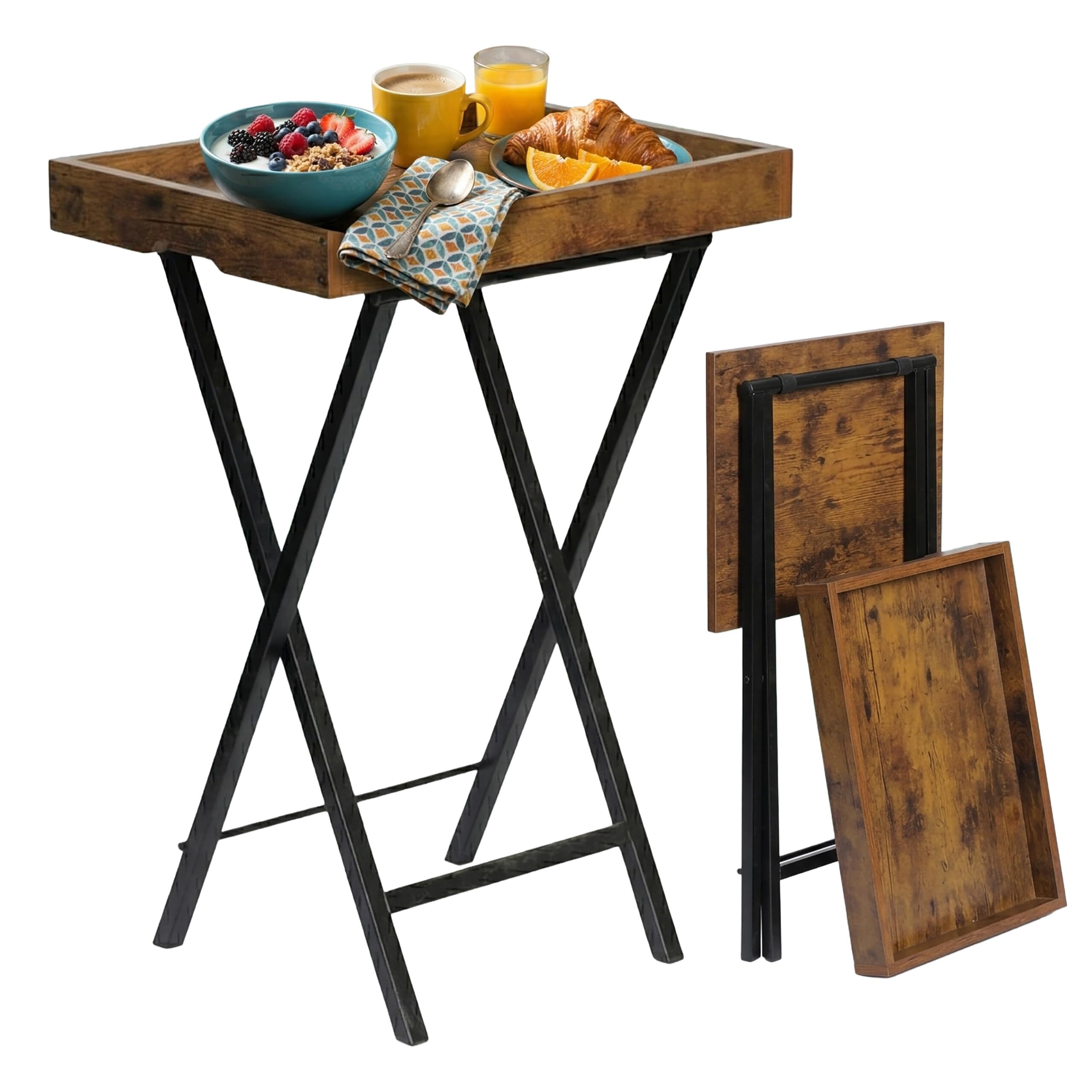 Relaxdays Mesa Auxiliar con Bandeja extraíble, Plegable, 70 x 48 x 36 cm, Estilo Industrial, marrón/Negro