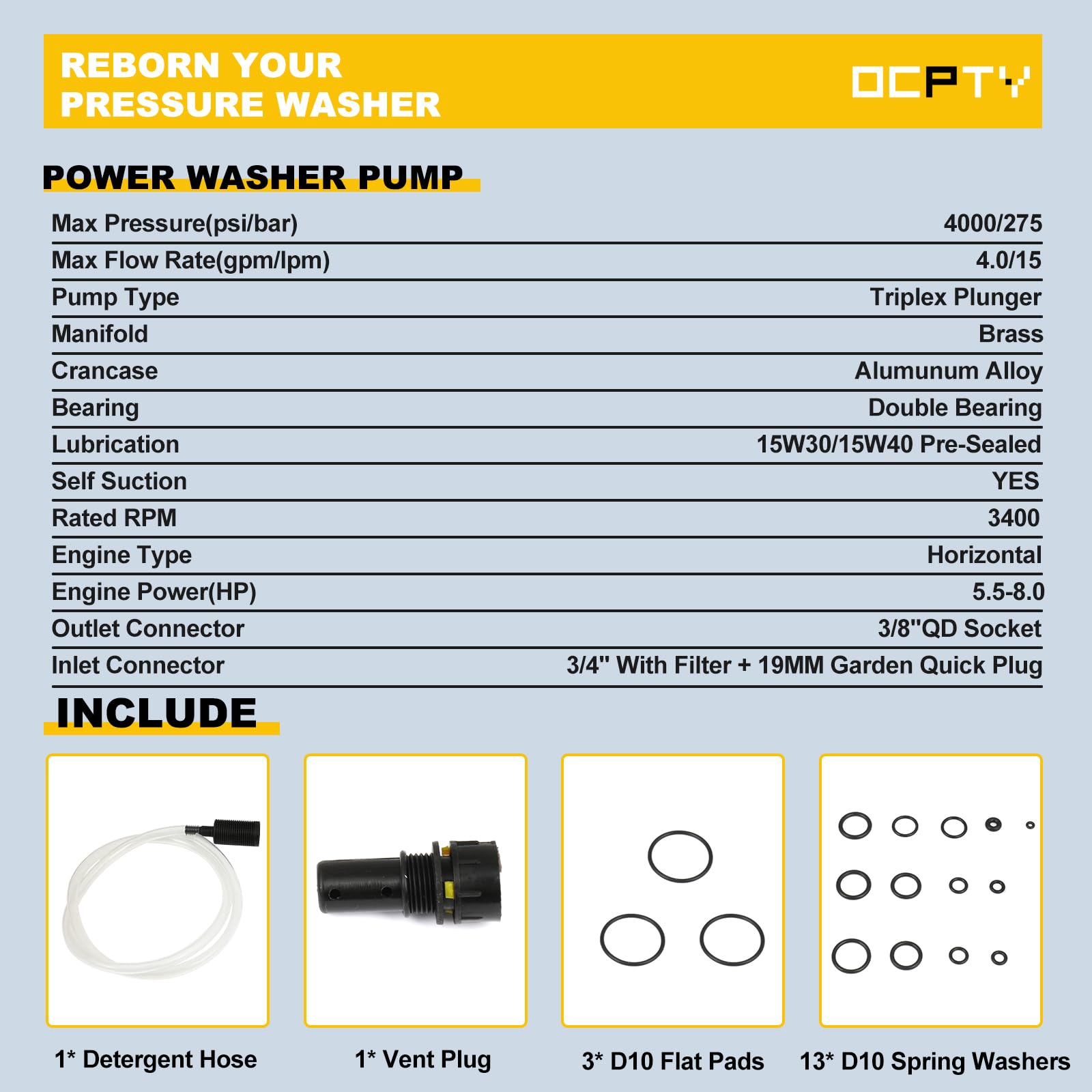 3000 PSI Pressure Washer Pump - Triplex Pump Replacement For 5.5HP-7HP Power Washers