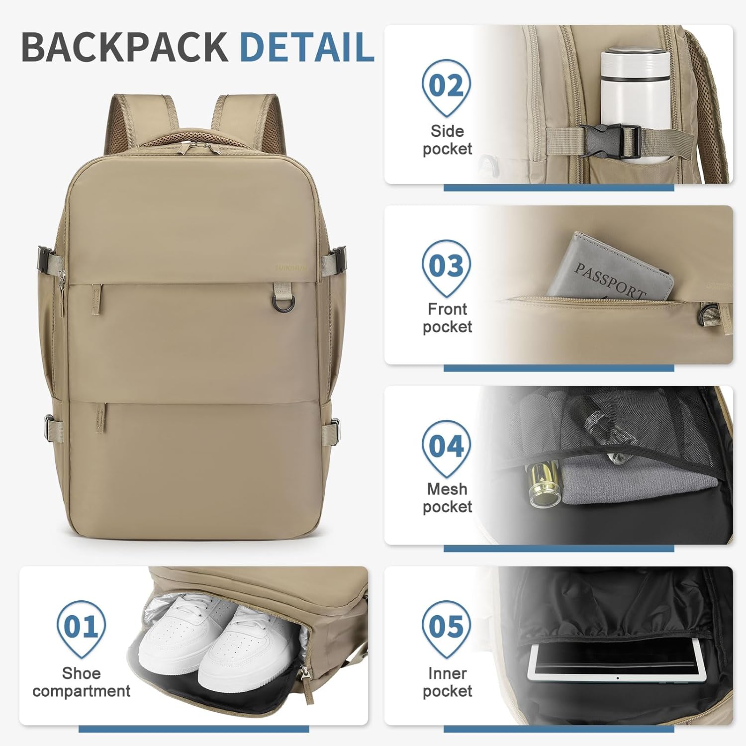 Travel Backpack for Men Women, 35L Laptop Backpack W/Shoe Compartment, Water Resistant Flight Approved Fits 15.6-inch Laptop, Khaki
