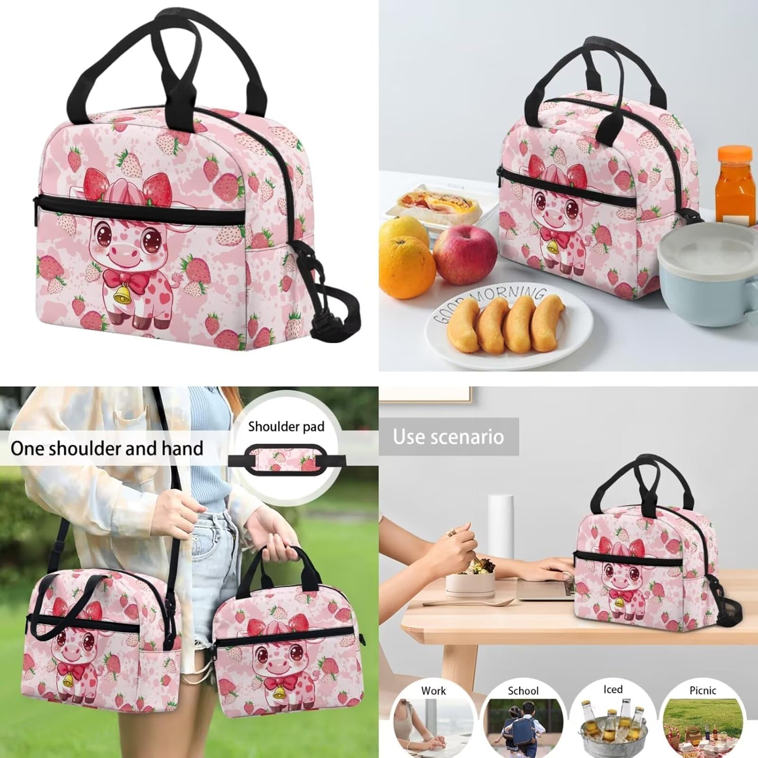 Pink Fruit Cow Backpack for School Girls 3rd Grade Boys Bookbag with Lunch Box Water Bottle Holder and Kawaii Big Pencil Case 4 PCS Sturdy Lightweight Back Packs with Compartment