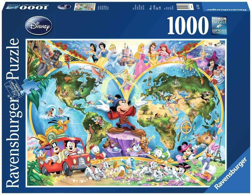 Disney World Map 1000 Piece Jigsaw Puzzle Featuring the entire Disney Family: Disney Princess, Donald Duck, Mickey Mouse, Peter Pan and many more!