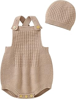 Macaquinho para meninos macacão de malha de algodão sem mangas alça menino menina suéter sólido roupas macacão bebê conjunto chapéu sem pés pijama com zíper bebê menino (cáqui, 3-6 meses)