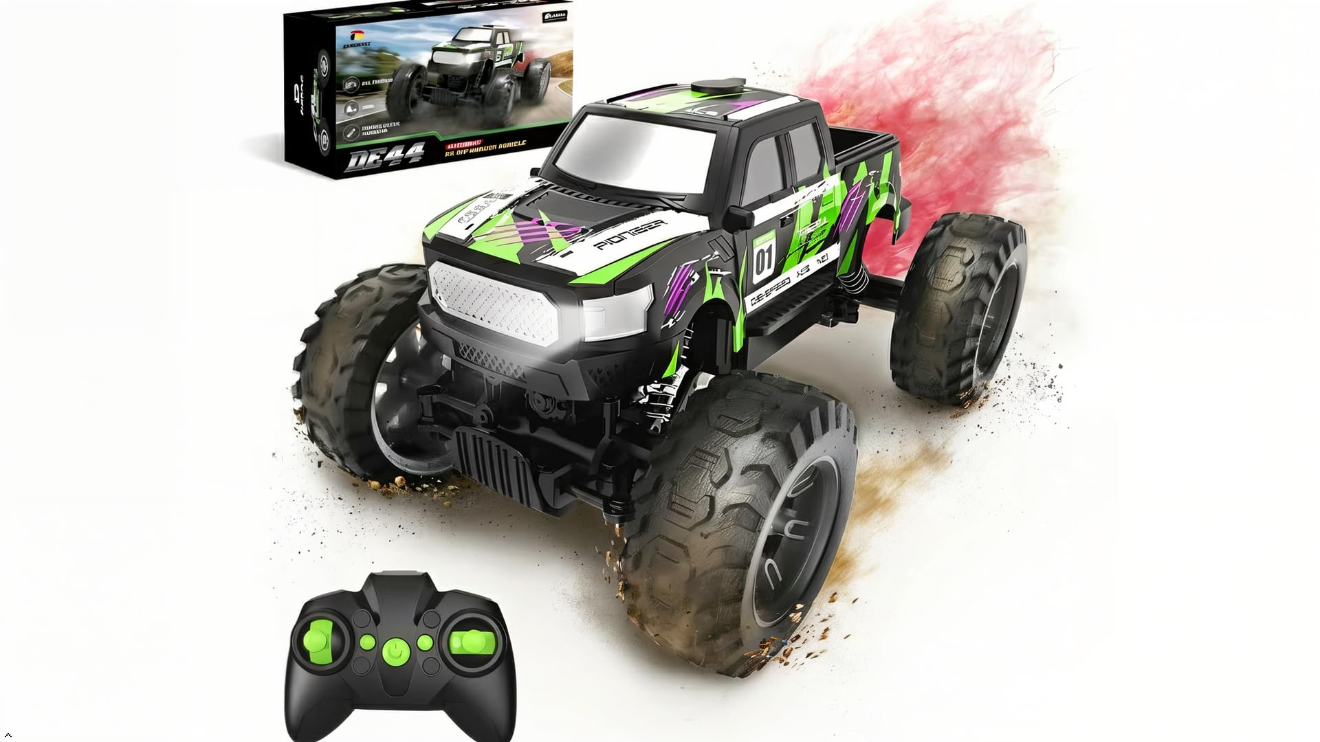 DEERC DE44 1:16 Escala Monster Truck con niebla de niebla, motores duales todoterreno RC coche, 4WD Rock Crawler con luces LED, juego de 70 minutos, vehículo de juguete para niños y adultos