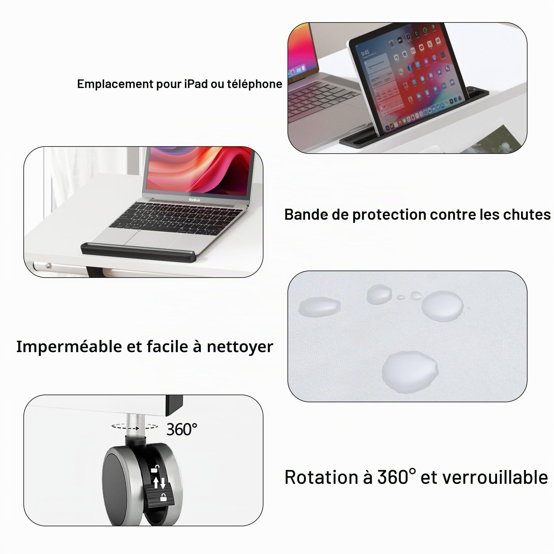 sogesfurniture Table Roulante pour Ordinateur Portable Hauteur Réglable et Plateau Inclinable, 80x60cm Bureau Support Ordinateur Table d'appoint à roulettes pour Bureau Canapé Lit, Blanc