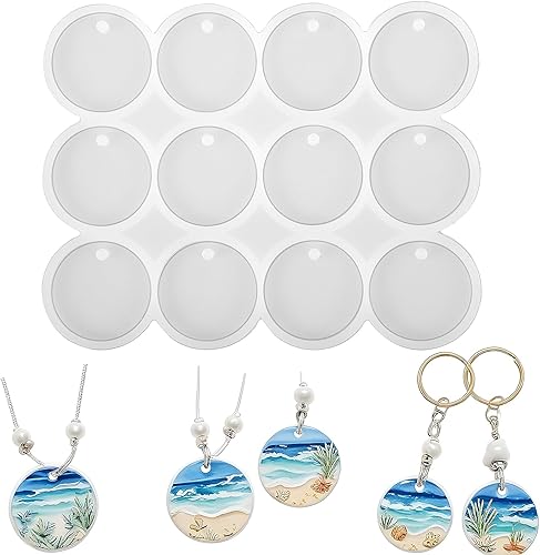 Molde de silicona redondo de 12 cavidades, molde de resina circular de 1.38 pulgadas con agujero redondo para llavero, moldes de silicona para