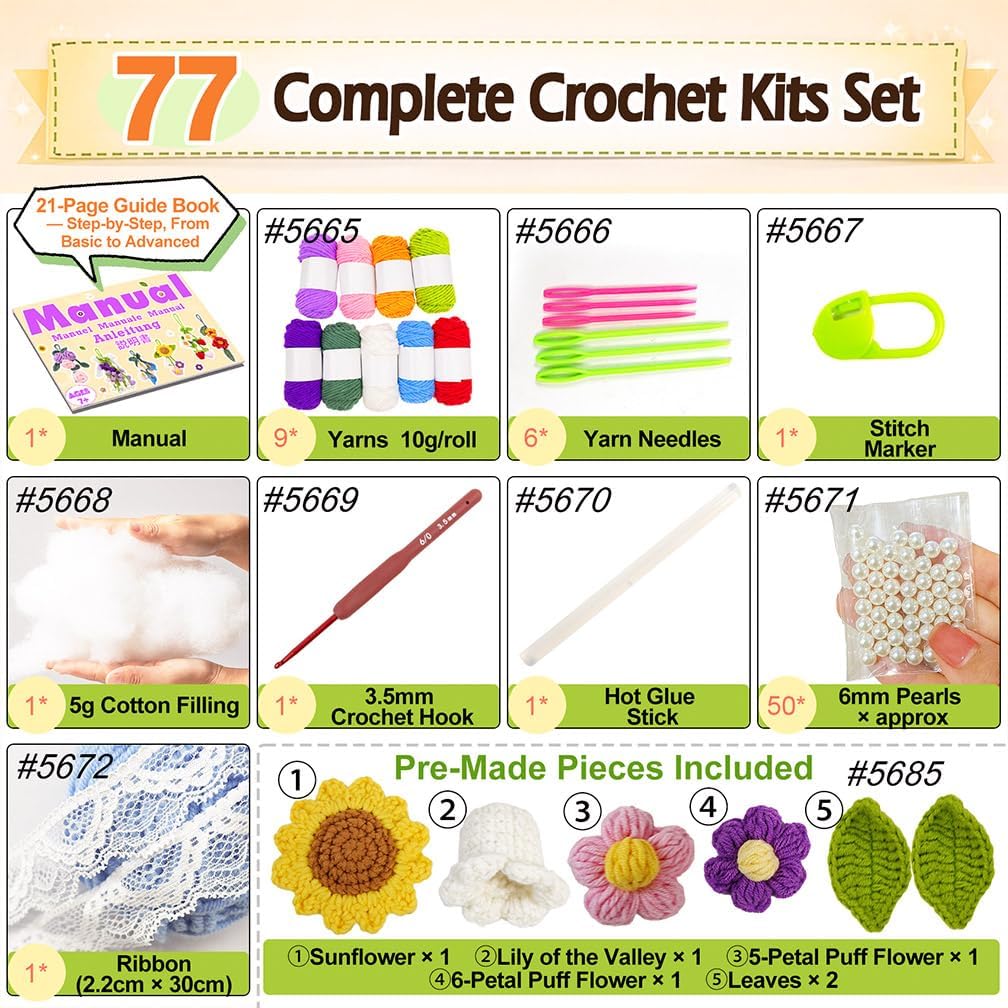 FUNSHOWCASE Crochet Kit for Beginners, DIY 7 Flower Charms for Car Hanging with Video Tutorial