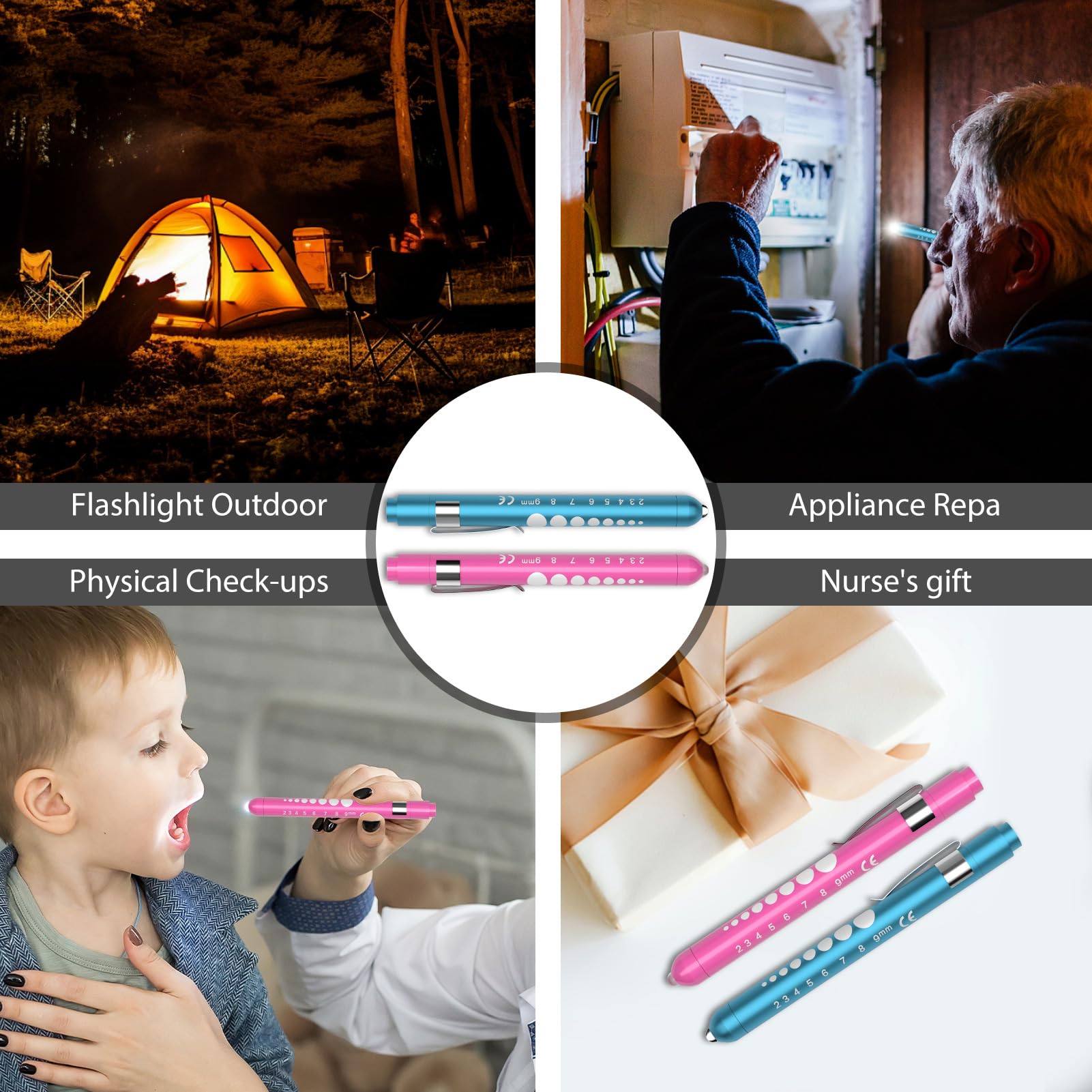 RISEMART Lampe pupille de diagnostic, infirmière, accessoire de service d'urgence avec compteur de pupilles et règle (rose rouge et bleu)