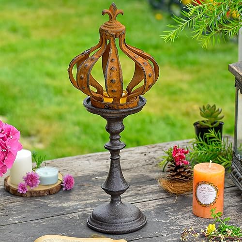 Miniatura 7 de Sungmor Escultura de corona de hierro fundido, acabado de pátina con acento rústico, cubierta de vela creativa, centro de mesa, estatua de corona