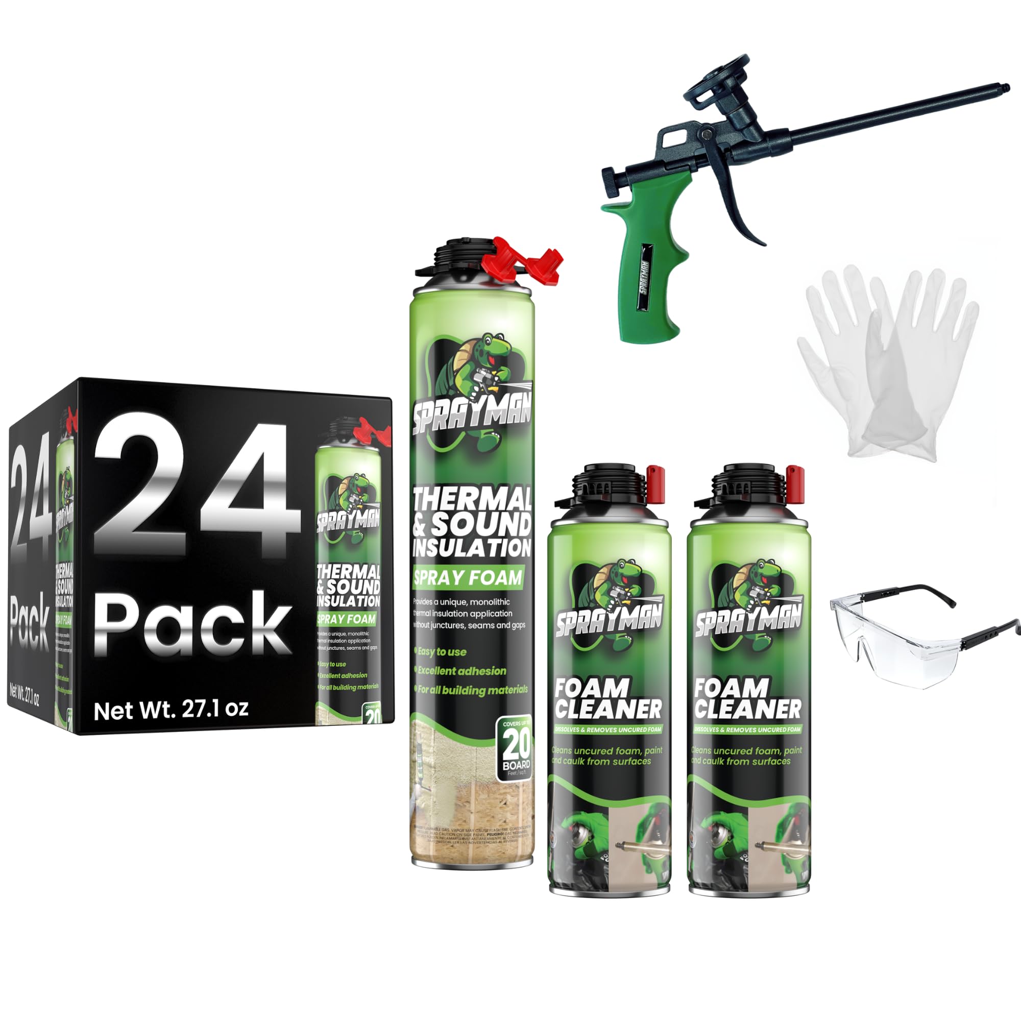 Sprayman Spray Foam Insulation Kit (480 Sq.Ft.) - Closed Cell Polyurethane Expanding Foam Sealant, Thermal & Acoustic Protection for Wall and Attic - Gun & Cleaner Included, 27.1 oz, 24 Pack